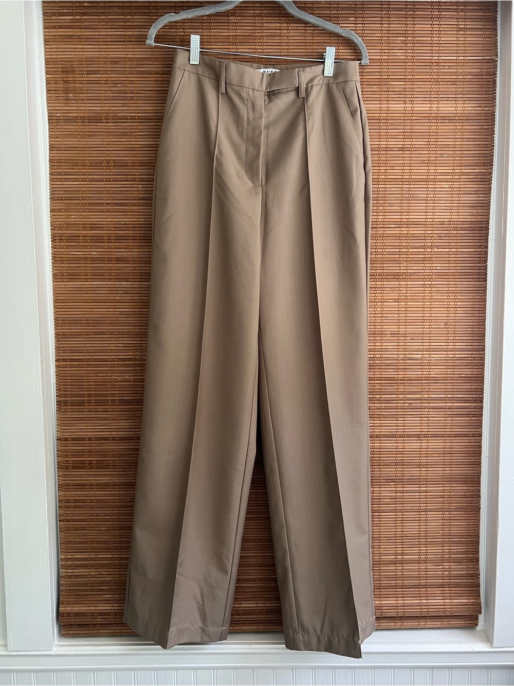NA-KD Taupe Wide Leg Tailored Trousers High Rise Pleated Pants EU 38